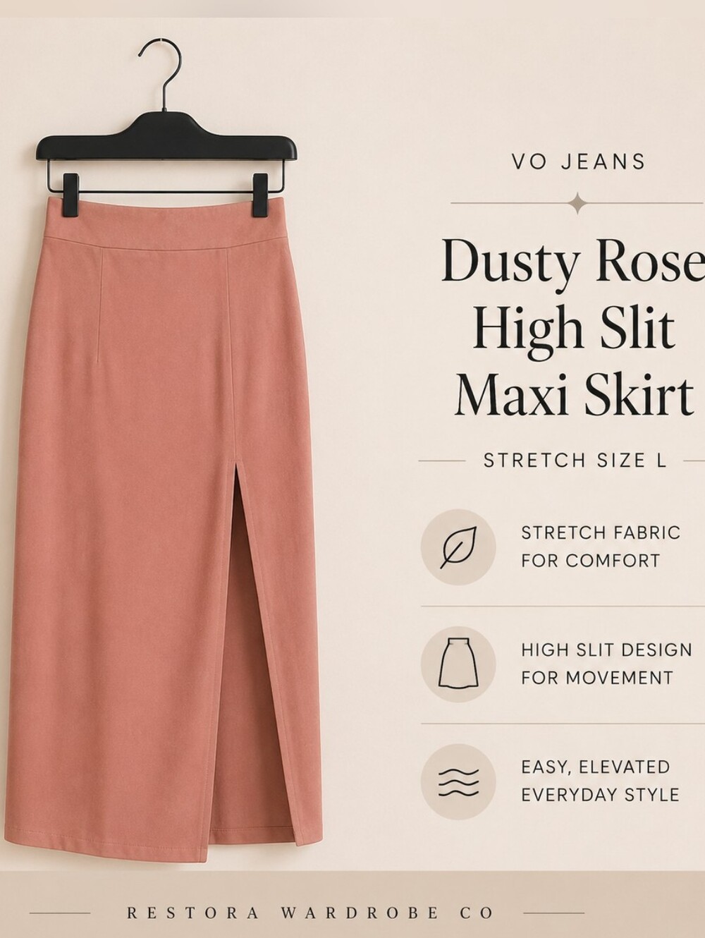 VO Jeans Dusty Rose High Slit Maxi Skirt Stretch Size L
